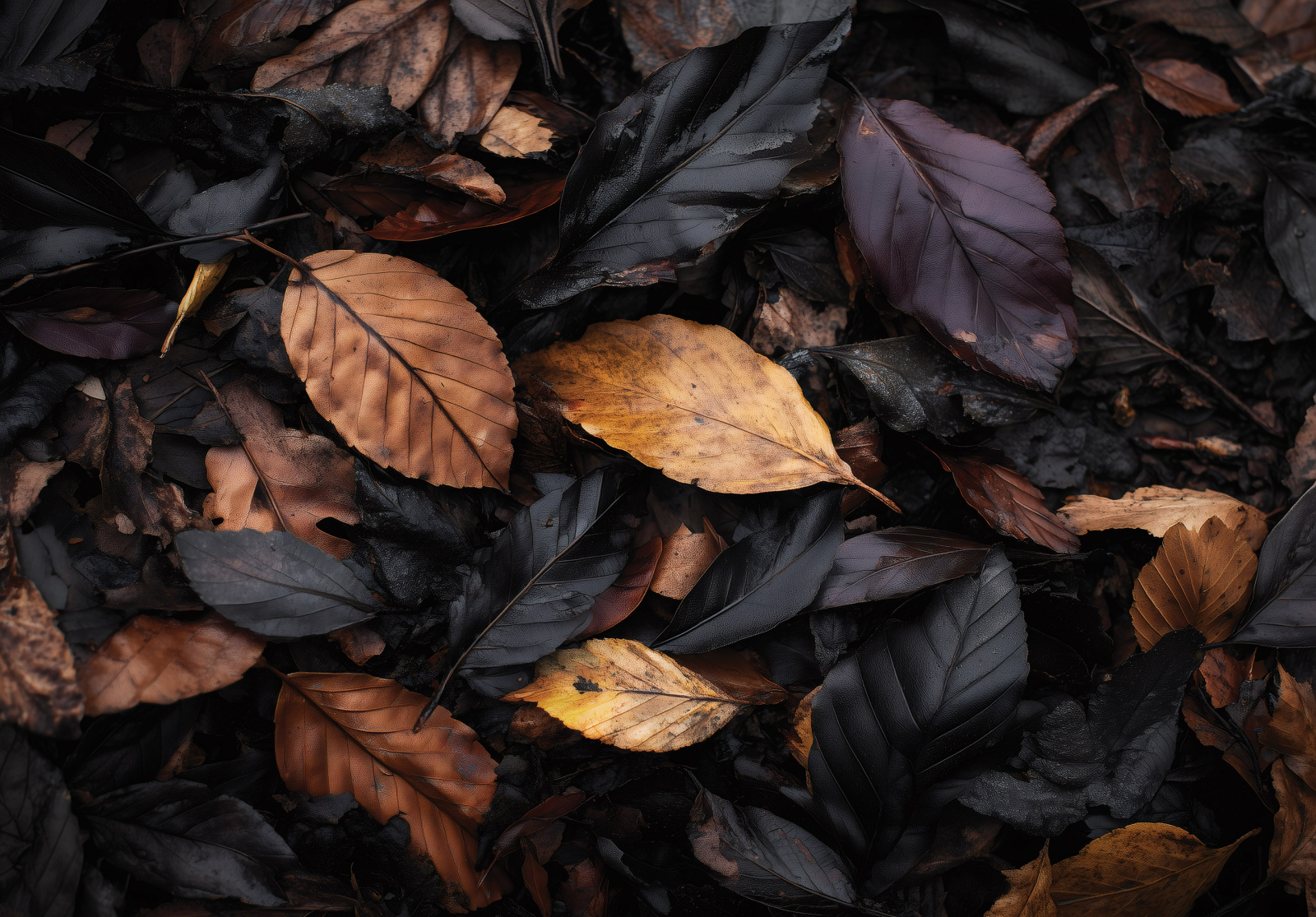 Фототапет Тъмни есенни листа с дълбока текстура и атмосфера